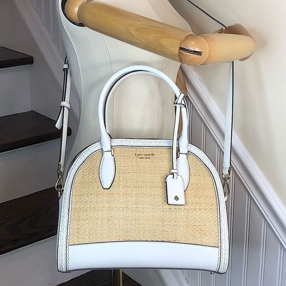 KATE SPADE White Leather Rattan Two Top Handle Tote Zipper Closure Crossbody Bag - Picture 1 of 17